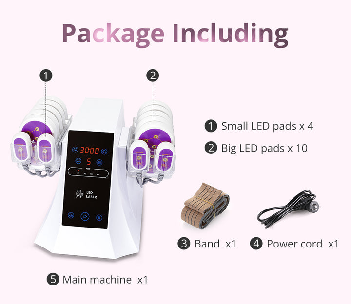 Package listing of 14 Pads 5mw LED Lipo Laser Machine
