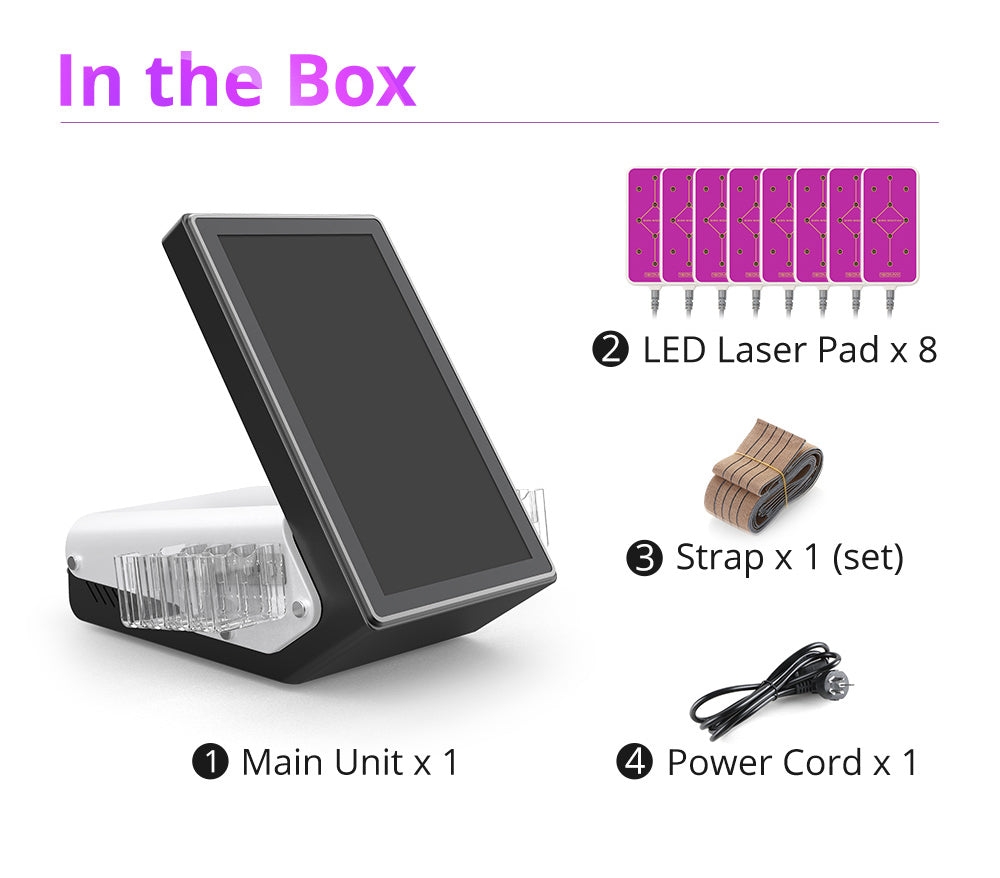 Package listing of Professional 8 Pads 635nm&650nm Lipo Laser Machine