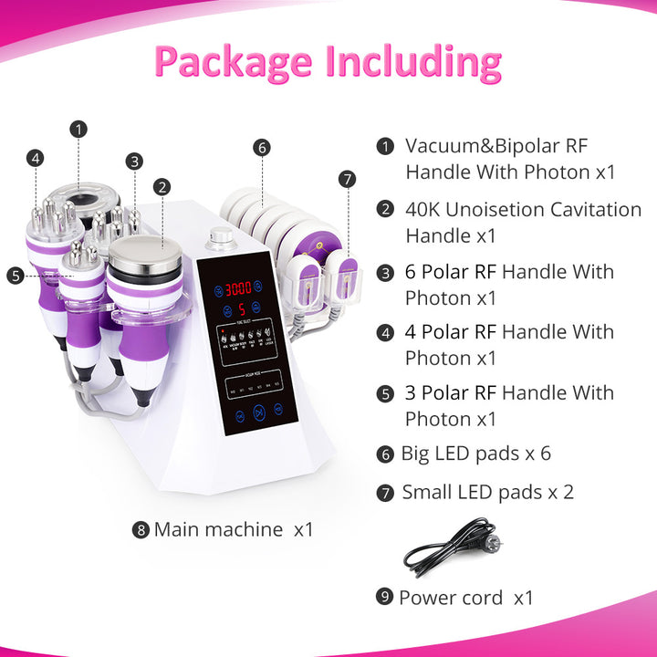 Package listing of 6 in 1 40k Unoiestion ultrasonic cavitation 2.0 machine