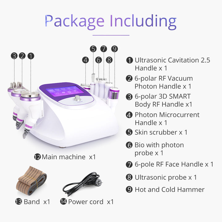 Package listing of 9 IN 1 Ultrasonic Cavitation Machine