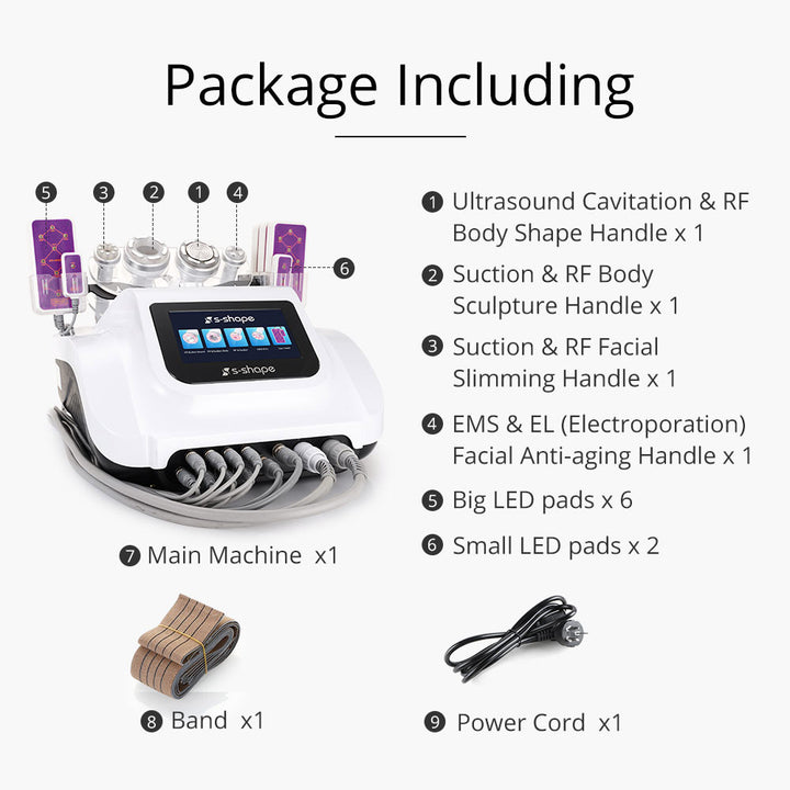 Package listing of 6 in 1 S Shape 30k Cavitation Machine