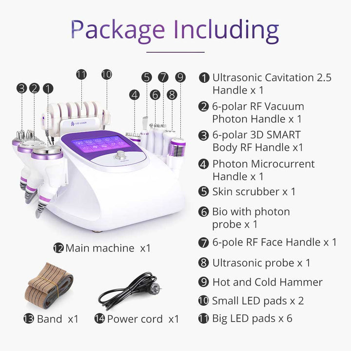 Package listing of Aristorm 10 In 1 40k Cavitation 2.5 Laser Lipo Machine Radio Frequency Skin Scrubber Facial Machine