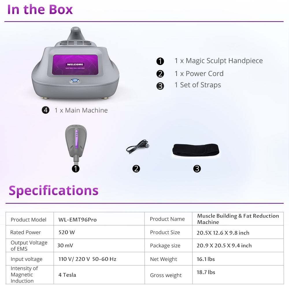 Package listing of MagicCurve EMS & Electromagnetic Stimulation Machine